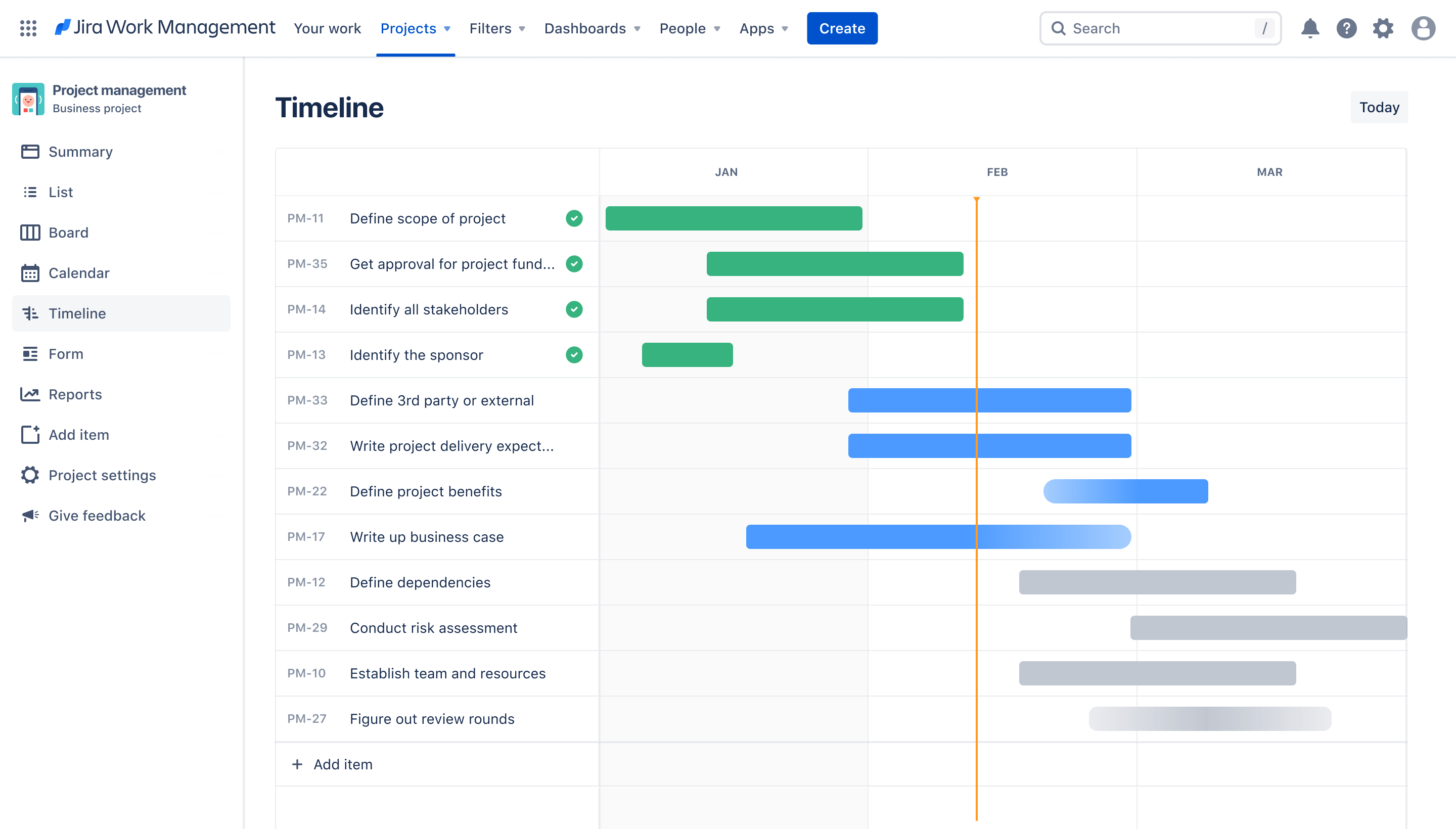 Jira Work Management 和 Jira Software 上的项目管理时间表视图